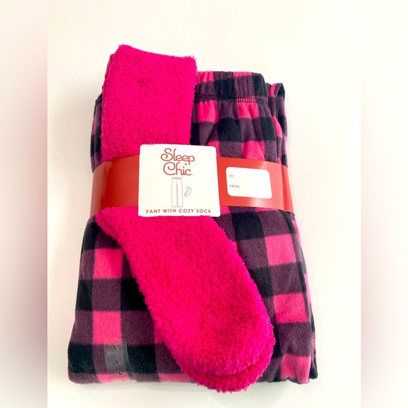 Hot Pink Black Check Flannel Pajama Pants Bottoms Matching Socks Set L, XL, XXL - Picture 8 of 8